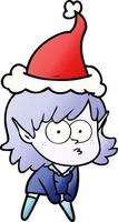 dessin animé dégradé d'une fille elfe regardant fixement et accroupie portant un bonnet de noel vecteur