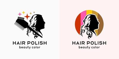 création de logo de teinture pour les cheveux ou de vernis à cheveux, silhouette de peigne et de femme avec concept créatif vecteur