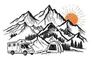 camping dans la nature, camping-car, paysage de montagne, style dessiné à la main, illustrations vectorielles vecteur