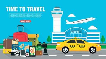 le temps de voyager design plat. avion dans le ciel, un bâtiment d'aéroport et une voiture de taxi, bagages à l'aéroport. concept pour un service de transfert vecteur