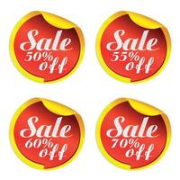 autocollants de vente jaunes avec bulle rouge 50, 55, 60, 70 off vecteur