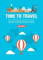 bannière plate de conception de concept de temps de voyage. autour du monde. voyage en montgolfière vecteur