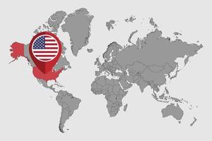 épingler la carte avec le drapeau des états-unis sur la carte du monde.illustration vectorielle. vecteur