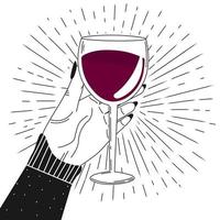 main de femme tenant un verre de vin, concept de célébration de vacances, bannière imprimable, symbole de vin en noir vecteur