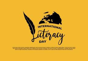 affiche de bannière de la journée internationale de l'alphabétisation avec plume et carte du monde vecteur