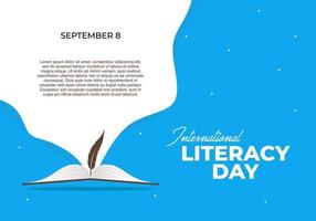affiche de bannière de la journée internationale de l'alphabétisation avec plume et livre ouvert vecteur