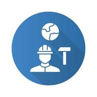 emploi pour les immigrants icône de glyphe d'ombre longue à motif plat bleu. l'emploi des migrants et des réfugiés. ouvrier du batiment. trouver du travail à l'étranger. Ouvrier au casque, bricoleur. illustration vectorielle silhouette vecteur