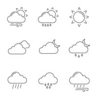 ensemble d'icônes linéaires de prévisions météorologiques. temps partiellement nuageux et venteux, bruine pluie, soleil, nuages, nuit, vent, couvert, nuit pluvieuse. illustrations vectorielles isolées. trait modifiable
