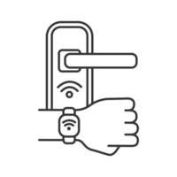 serrure de porte ouverte avec icône linéaire de bracelet nfc. illustration de la ligne mince. cadenas de communication en champ proche. bracelet rfid. symbole de contour. dessin de contour isolé de vecteur. trait modifiable vecteur