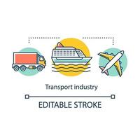 icône de concept de l'industrie du transport. secteur des transports. logistique. expédition par camion, paquebot de croisière, illustration de ligne mince d'idée d'avion. dessin de contour isolé de vecteur. trait modifiable vecteur