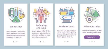intérêt, camps de loisirs, écran de page d'application mobile d'intégration avec des concepts linéaires. club de talents, instructions graphiques des étapes de la procédure pas à pas de la communauté. ux, ui, modèle vectoriel gui avec illustrations