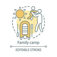 icône de concept de camp familial. club de parents et d'enfants d'été, illustration de ligne mince d'idée de station de vacances. activité pour enfants et adultes, intérêt. dessin de contour isolé de vecteur. trait modifiable vecteur