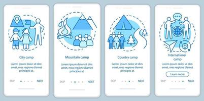 voyages, camps de nature à bord de l'écran de la page de l'application mobile avec des concepts linéaires. vacances en camping, instructions graphiques des étapes de la procédure pas à pas. ux, ui, modèle vectoriel gui avec illustrations
