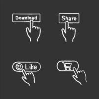 ensemble d'icônes de craie de boutons d'application. Cliquez sur. télécharger, partager, aimer, acheter. illustrations de tableau de vecteur isolé