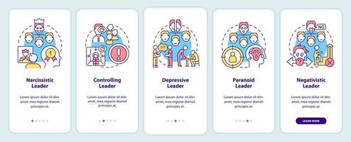 types de leaders toxiques embarquant l'écran de l'application mobile. patron abusif. pas à pas en 5 étapes pages d'instructions graphiques avec des concepts linéaires. ui, ux, modèle d'interface graphique. vecteur