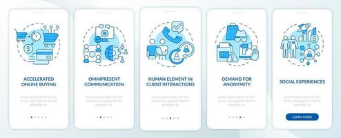 écran d'application mobile d'intégration bleu des tendances de comportement des clients. pas à pas en 5 étapes pages d'instructions graphiques avec des concepts linéaires. ui, ux, modèle d'interface graphique. vecteur