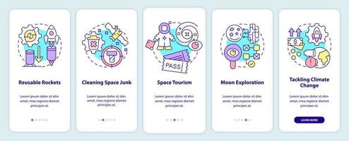 écran d'application mobile d'intégration des technologies spatiales. exploration pas à pas pages d'instructions graphiques en 5 étapes avec des concepts linéaires. ui, ux, modèle d'interface graphique. vecteur