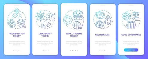 écran d'application mobile d'intégration de gradient bleu de théories de développement de société. pas à pas en 5 étapes pages d'instructions graphiques avec des concepts linéaires. ui, ux, modèle d'interface graphique. vecteur