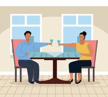 couple portant un toast dans une scène de restaurant vecteur