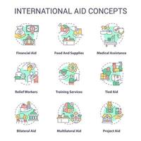 ensemble d'icônes de concept d'aide internationale. idées d'opportunités de volontariat étranger illustrations en couleur de ligne mince. aide financière. symboles isolés. trait modifiable. vecteur