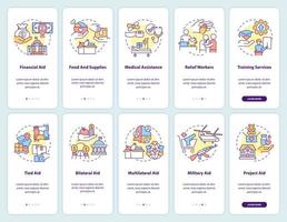 ensemble d'écrans d'application mobile d'intégration de l'aide internationale. aide financière pas à pas 5 étapes pages d'instructions graphiques avec des concepts linéaires. ui, ux, modèle d'interface graphique. vecteur