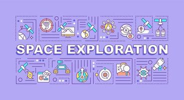 concepts de mots d'exploration spatiale bannière violette. recherches sur l'espace extra-atmosphérique. infographie avec des icônes sur fond de couleur. typographie isolée. illustration vectorielle avec texte. vecteur