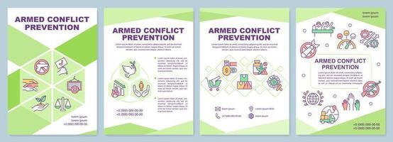 modèle de brochure verte sur la prévention des conflits armés. parvenir à la paix. conception de dépliant avec des icônes linéaires. 4 mises en page vectorielles pour la présentation, les rapports annuels.