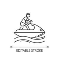 icône linéaire de jet ski. illustration de la ligne mince. activité estivale. faire du jet ski. homme sur scooter des mers. sports nautiques, activités de plein air. symbole de contour. dessin de contour isolé de vecteur. trait modifiable vecteur