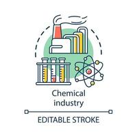 icône de concept de l'industrie chimique. production de produits chimiques industriels. plante, tubes à essai, molécule. illustration de la ligne mince de l'idée de production de matériaux synthétiques. dessin de contour isolé de vecteur. trait modifiable vecteur