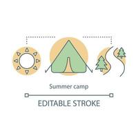 icône de concept de camp d'été. club de randonnée et de camping d'été, illustration de ligne mince d'idée de station de vacances. voyager dans les bois, faire de la randonnée en forêt. dessin de contour isolé de vecteur. trait modifiable vecteur