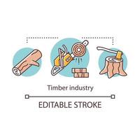 icône de concept de l'industrie du bois. enregistrement. secteur forestier. production de bois. bois de chauffage. bûche, tronçonneuse, hache dans l'illustration de la ligne mince de l'idée de souche. dessin de contour isolé de vecteur. trait modifiable vecteur