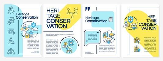 modèle de brochure bleu et jaune de conservation du patrimoine. restauration historique. conception de dépliant avec des icônes linéaires. 4 mises en page vectorielles pour la présentation, les rapports annuels. vecteur