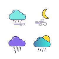 jeu d'icônes de couleur de prévisions météo. temps pluvieux venteux, vent la nuit, fortes pluies, averses éparses. illustrations vectorielles isolées vecteur