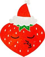 dessin animé rétro d'une fraise portant un bonnet de noel vecteur