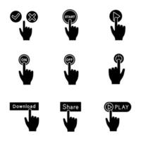 ensemble d'icônes de glyphe de boutons d'application. Cliquez sur. accepter et refuser, démarrer, jouer, allumer et éteindre, allumer, télécharger, partager, lancer. symboles de silhouettes. illustration vectorielle isolée vecteur