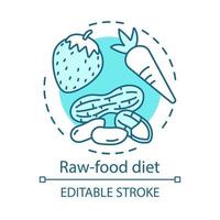 régime alimentaire cru, icône de concept de mode de vie végétalien. illustration de la ligne mince de l'idée de nutrition végétarienne. repas sain. dessin de contour isolé de vecteur de carotte, d'arachide et de fraise biologique. trait modifiable