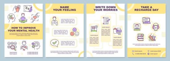 comment améliorer votre modèle de brochure jaune sur la santé mentale. conception de dépliant avec des icônes linéaires. 4 mises en page vectorielles pour la présentation, les rapports annuels. vecteur