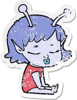 autocollant en détresse d'un dessin animé mignon fille extraterrestre vecteur