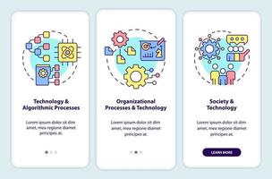 interactions des systèmes d'information à bord de l'écran de l'application mobile. pages d'instructions graphiques en 3 étapes avec des concepts linéaires. ui, ux, modèle d'interface graphique. vecteur