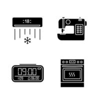 ensemble d'icônes de glyphe d'appareil ménager. climatiseur, machine à coudre, horloge numérique, cuisinière. symboles de silhouettes. illustration vectorielle isolée vecteur