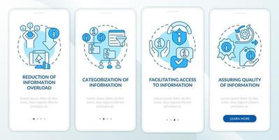 affectations de l'écran de l'application mobile d'intégration bleue de l'industrie de l'information. pages d'instructions graphiques en 4 étapes avec des concepts linéaires. ui, ux, modèle d'interface graphique. vecteur