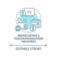 icône de concept turquoise des industries de la radiodiffusion et des télécommunications. illustration de la ligne mince de l'idée abstraite de l'industrie de l'information. dessin de contour isolé. trait modifiable. vecteur