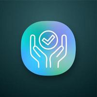 icône de l'application de services de qualité. assurance qualité. verification ET VALIDATION. répondre aux exigences. mains tenant une coche. interface utilisateur ui ux. application mobile. illustration vectorielle isolée vecteur