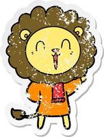 autocollant en détresse d'un dessin animé de lion qui rit en vêtements d'hiver vecteur
