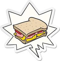 dessin animé jambon fromage tomate sandwich et autocollant bulle vecteur