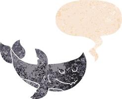 requin de dessin animé et bulle de dialogue dans un style texturé rétro vecteur