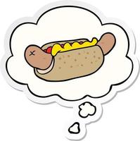 hot-dog de dessin animé et bulle de pensée comme autocollant imprimé vecteur
