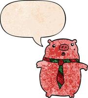 cochon de dessin animé portant une cravate de bureau et une bulle de dialogue dans un style de texture rétro vecteur