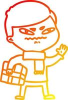 ligne de gradient chaud dessinant un homme en colère de dessin animé portant un colis vecteur