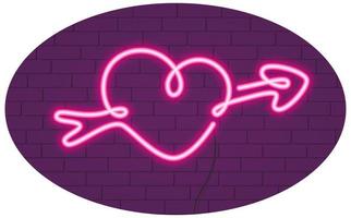 coeur rose fluo avec signe de flèche sur le mur de briques violettes. le concept de la saint valentin. vecteur